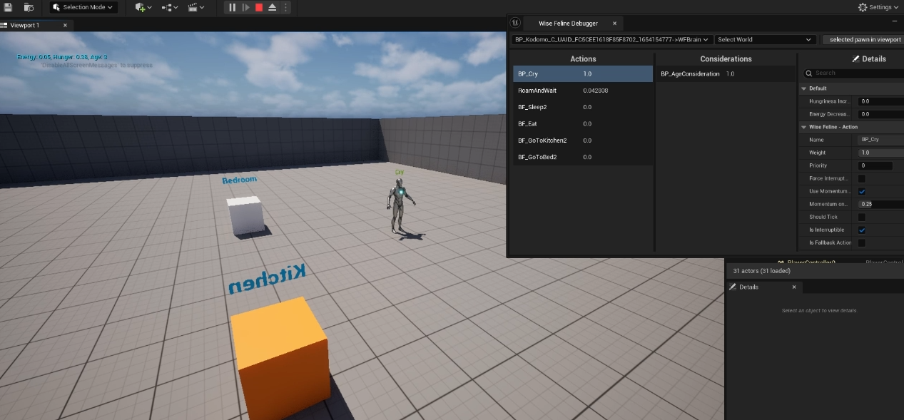 A screenshot of a life simulation demo — Age 3 AI crying all the time. The upper right window shows Cry action has been selected with Utility score of 1.0