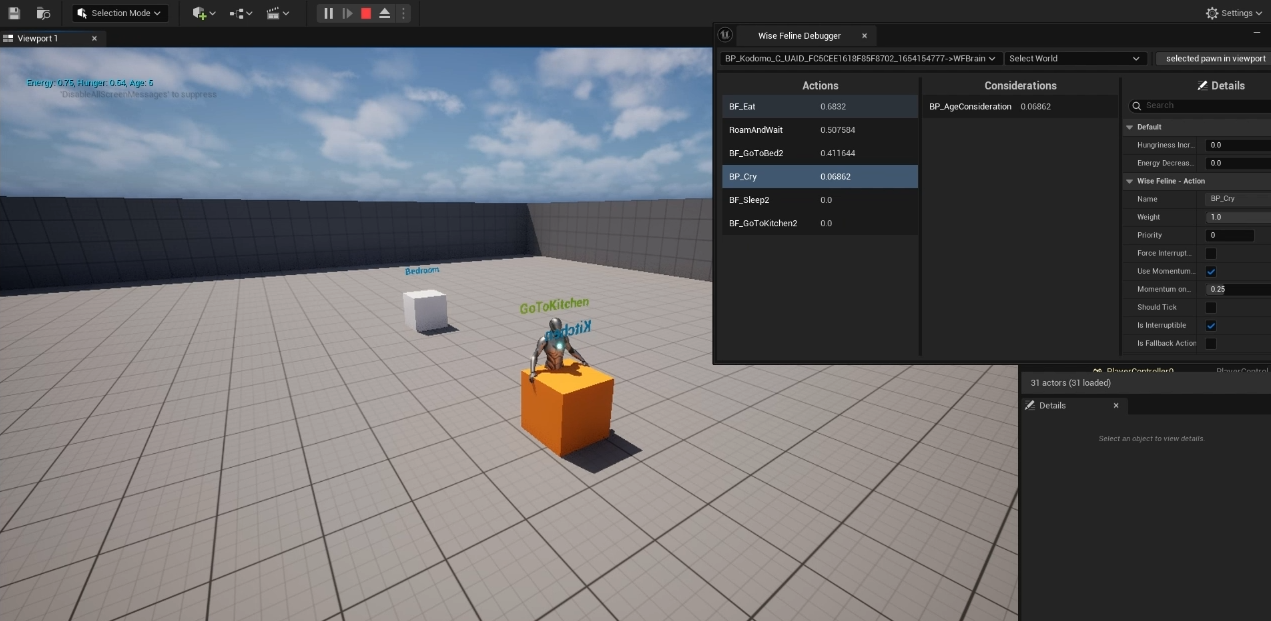 A screenshot of a life simulation demo — Age 5 AI now can go to the kitchen by itself when it's hungry. The upper right window shows Eat action has been selected with Utility score of 0.68
