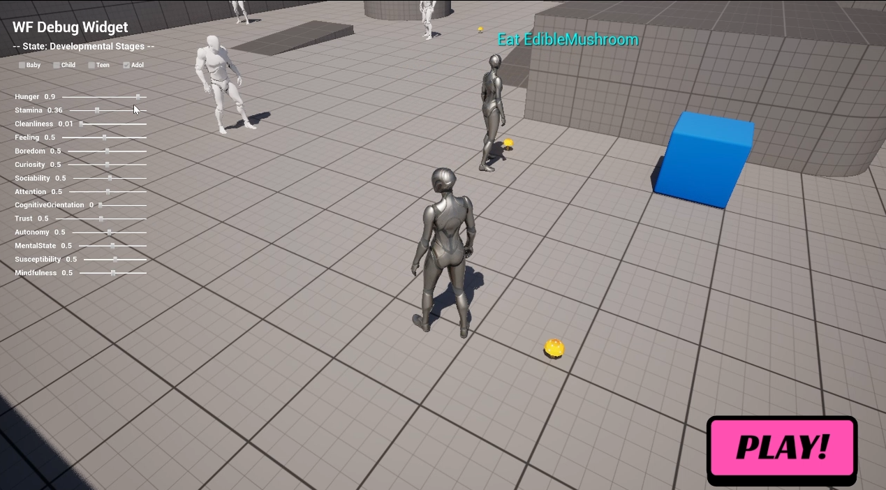 A screenshot of a multi-behavior demo — Adolescent behavior is now triggered with 14 considerations available. Hunger level is very high Utility of Eating mushroom is very high