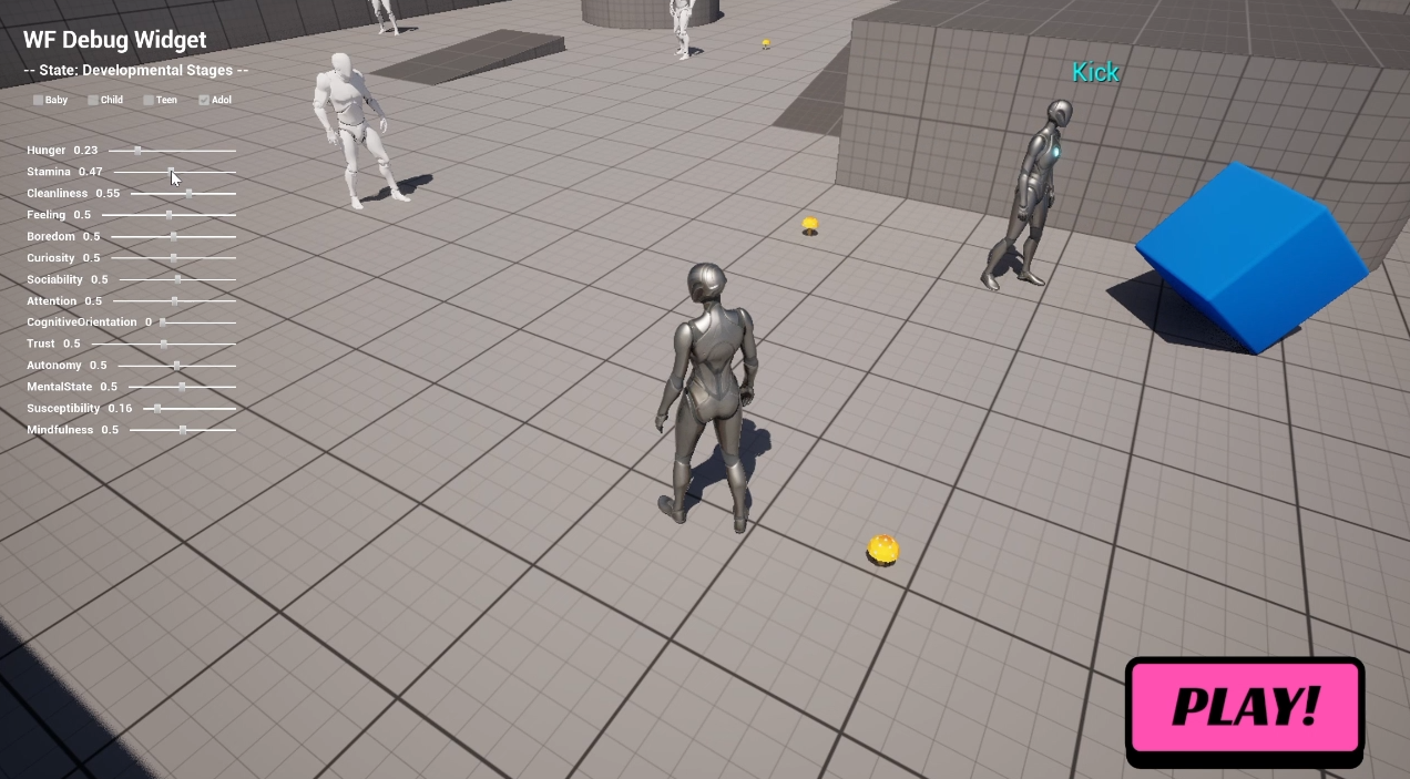 A screenshot of a multi-behavior demo — Hunger level went down to 0.23. The other needs consideration level is good. Boredom level is 0.5, AI decides to Kick nearby objects. We developed a left debug widget, which allows easy debugging for resulting actions